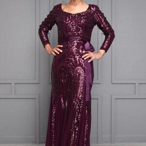 R&M Richards Long Sequin Burgundy Gown Formal Evening Wedding Party Dress Merlot